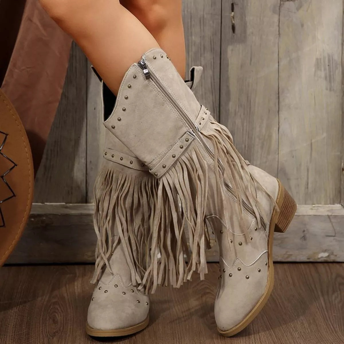 Fringe Point Toe Block Heels Boots