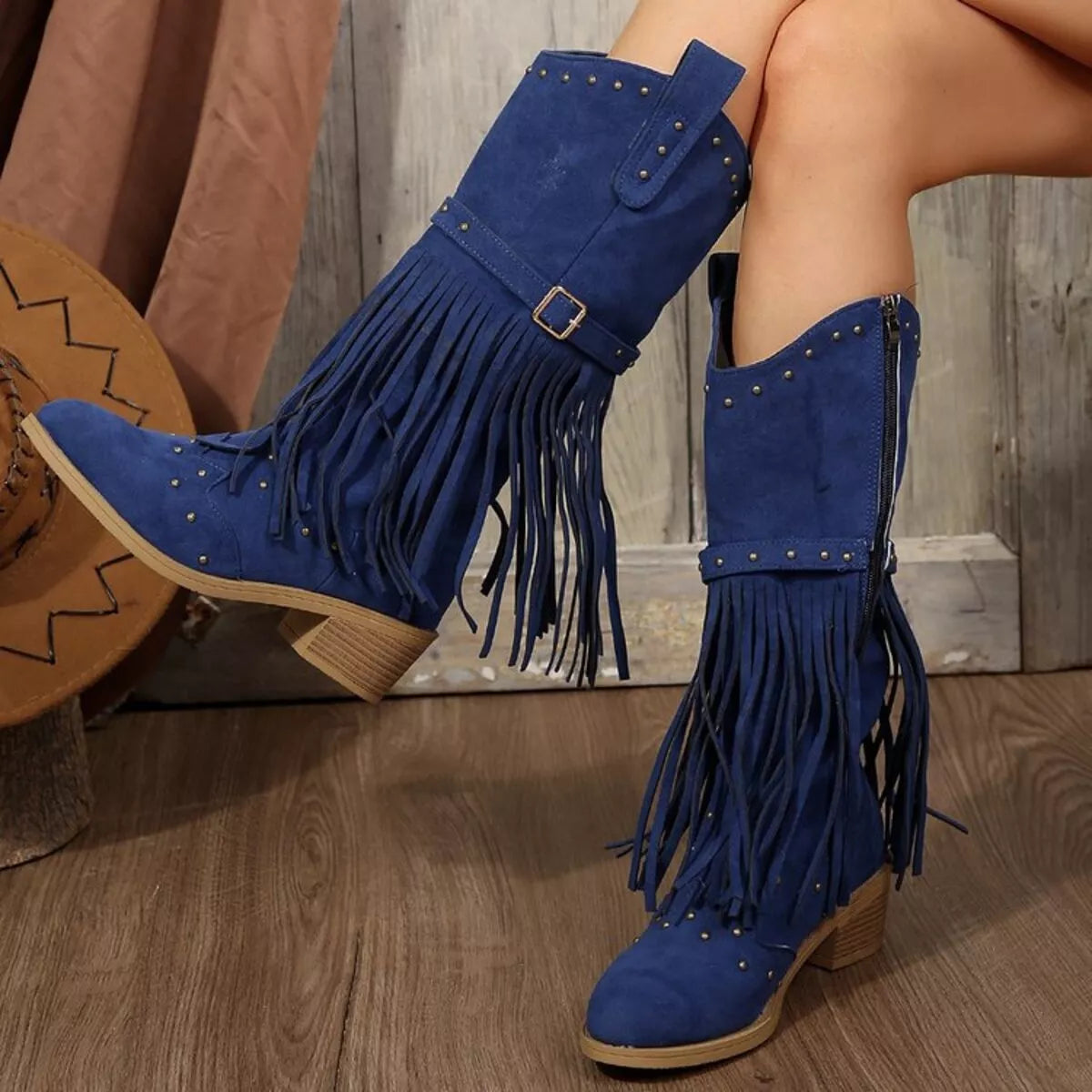 Fringe Point Toe Block Heels Boots