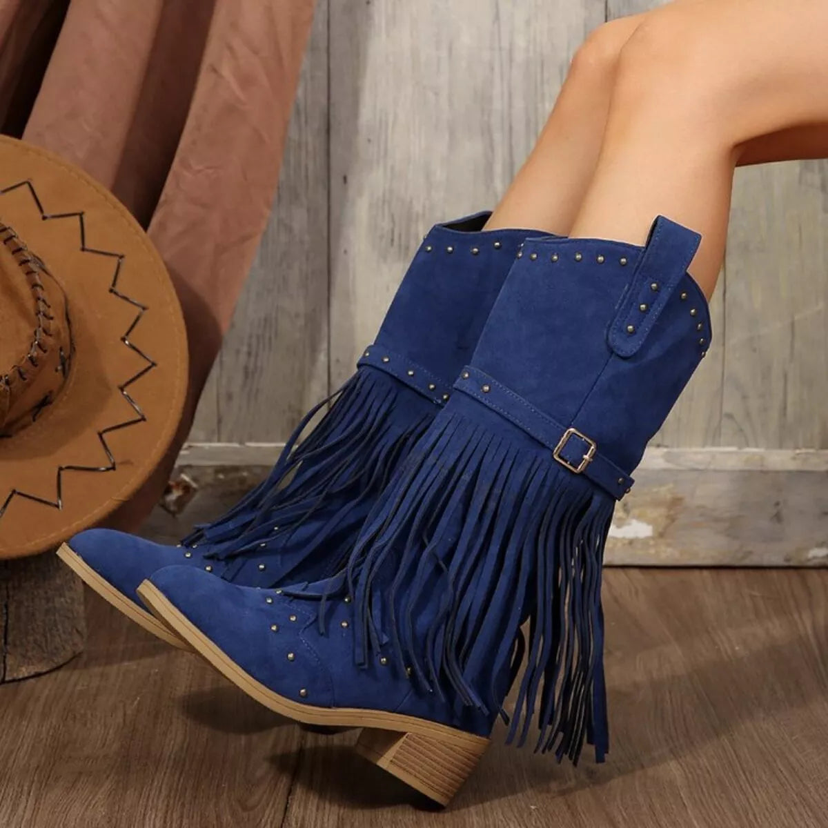 Fringe Point Toe Block Heels Boots
