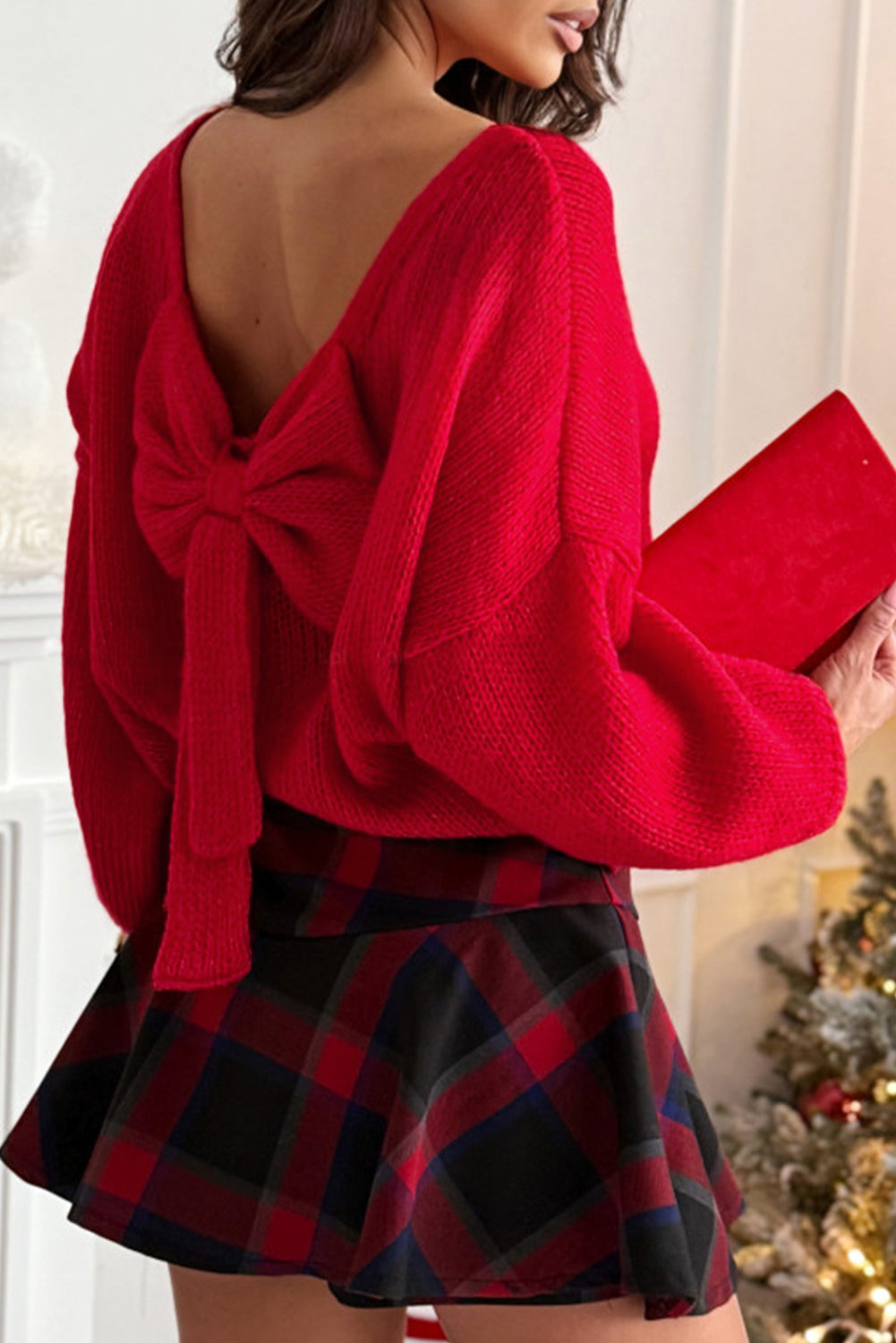 Black Bow Backless Bubble Sleeve Sweater
