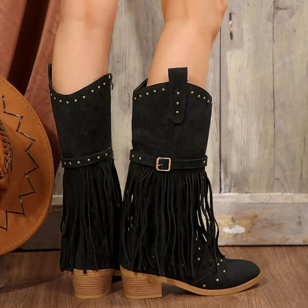 Fringe Point Toe Block Heels Boots