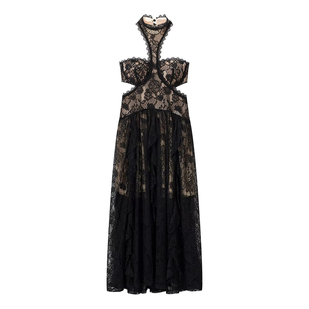 Lace Embroidered Silk Lace Tulle Backless French Halter Dress Women Summer Vacation Lightweight Dress
