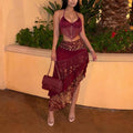 Stitching Printing Tassel Lace up Tube Top Irregular Asymmetric Skirt Set