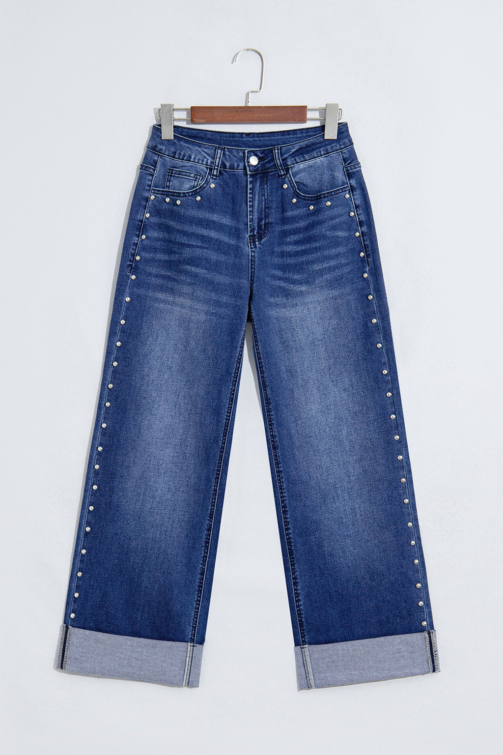Navy Blue Studded Detail Straight Leg Casual Loose Jeans
