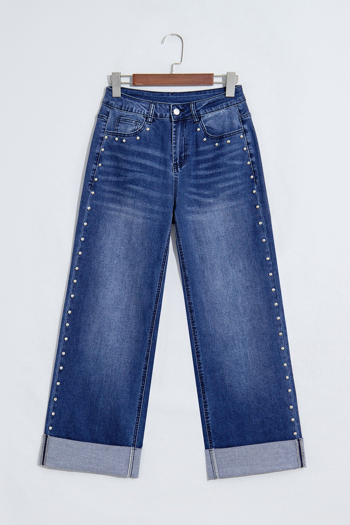 Navy Blue Studded Detail Straight Leg Casual Loose Jeans