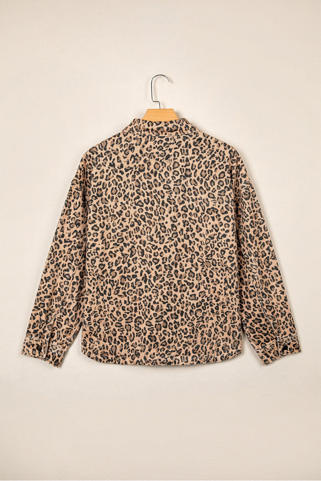 Khaki Leopard Print Collar Long Sleeve Patch Pocket Shift Denim Jacket