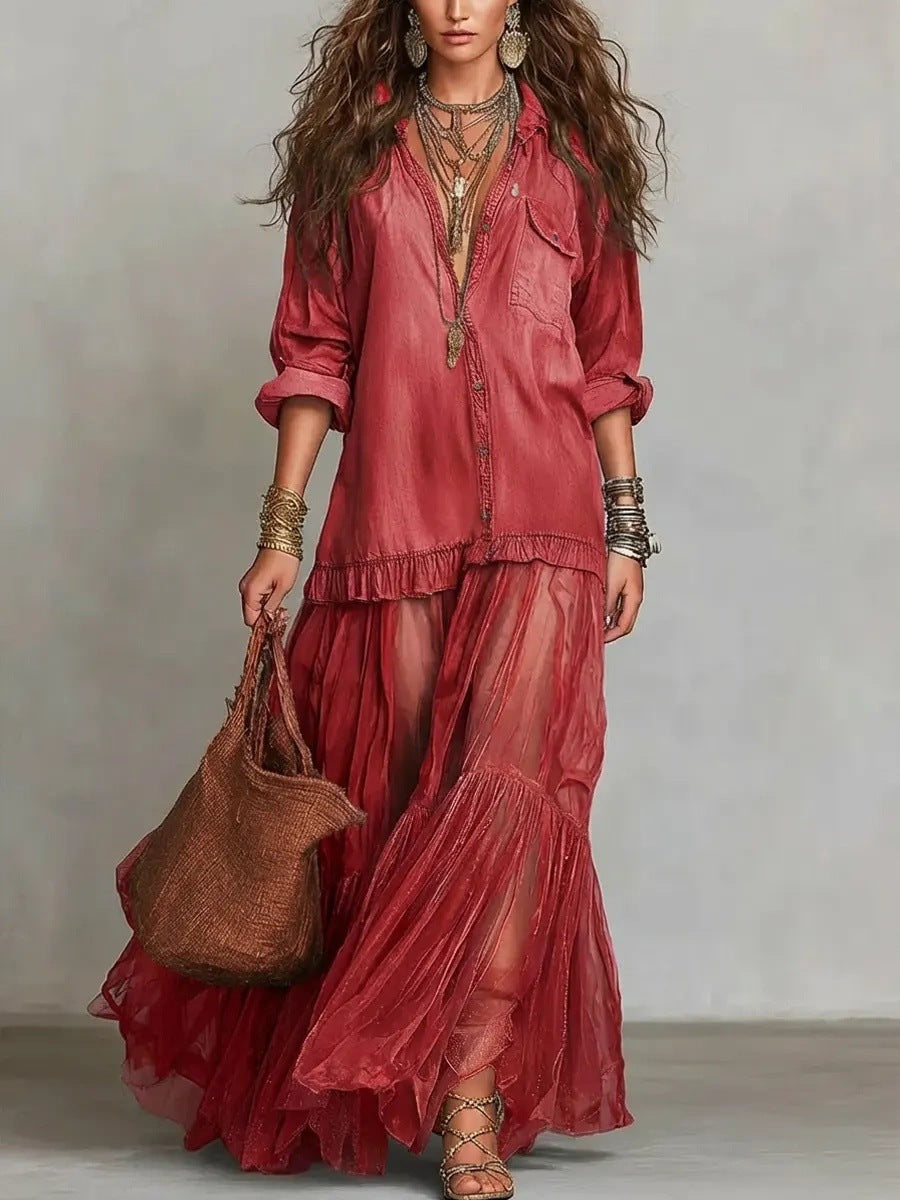 Women's Vintage Denim-Look Long Sleeve A-Line Maxi Dress – 6 Colors S–3XL