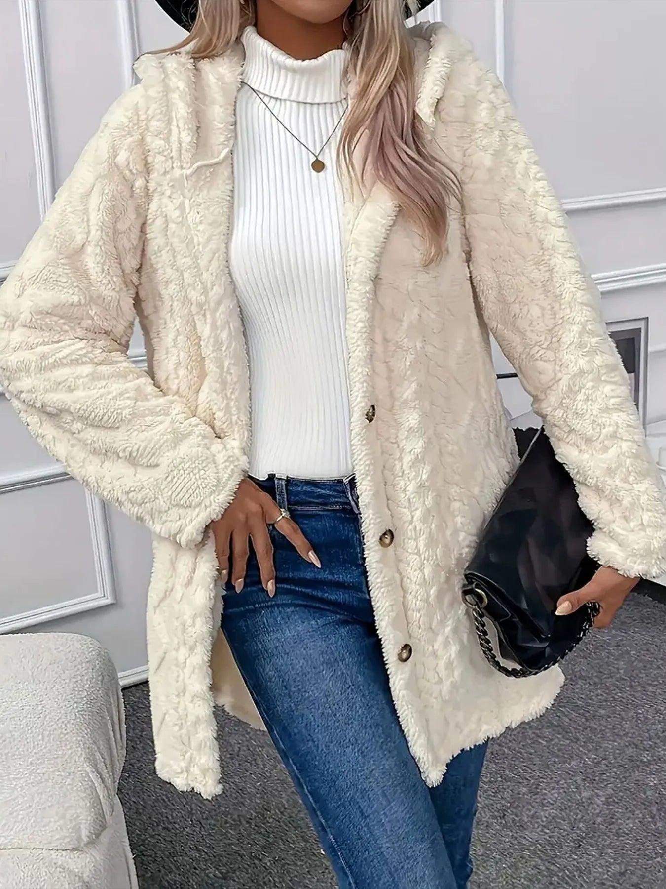 Faux Fur Teddy Coat with Button Front