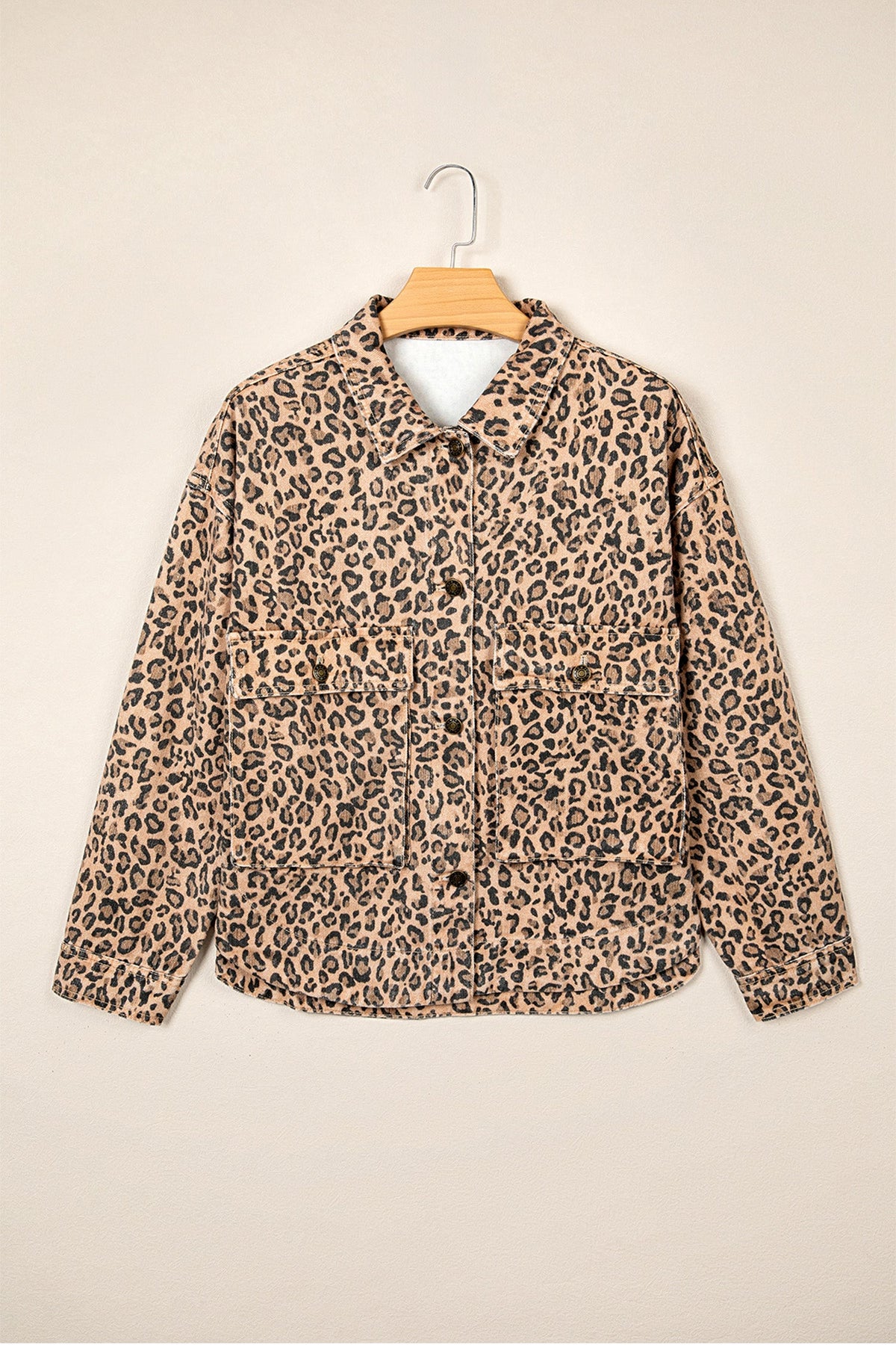 Khaki Leopard Print Collar Long Sleeve Patch Pocket Shift Denim Jacket