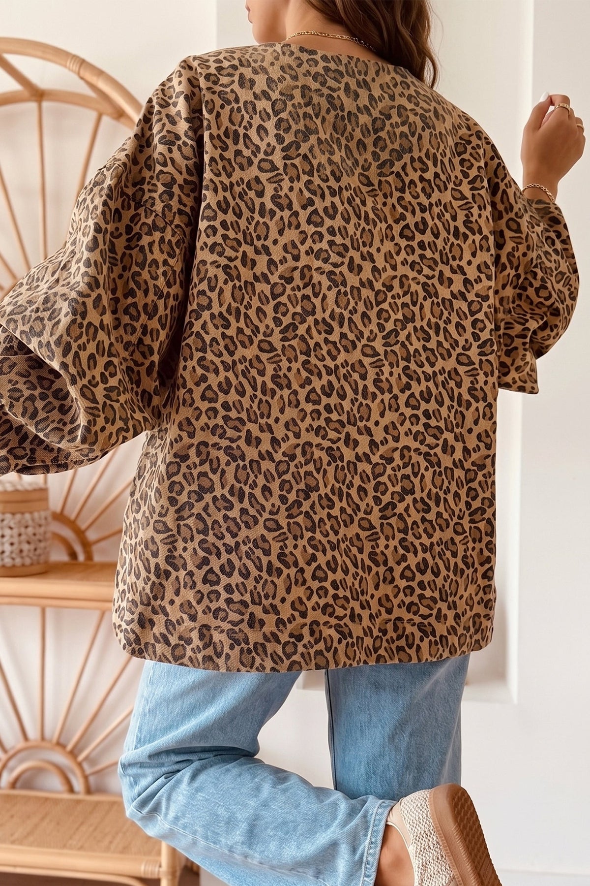 Khaki Leopard Print Collar Long Sleeve Patch Pocket Shift Denim Jacket