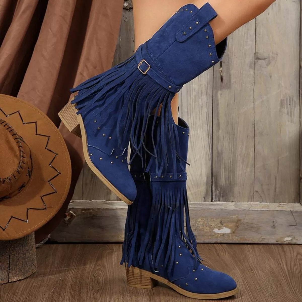Fringe Point Toe Block Heels Boots