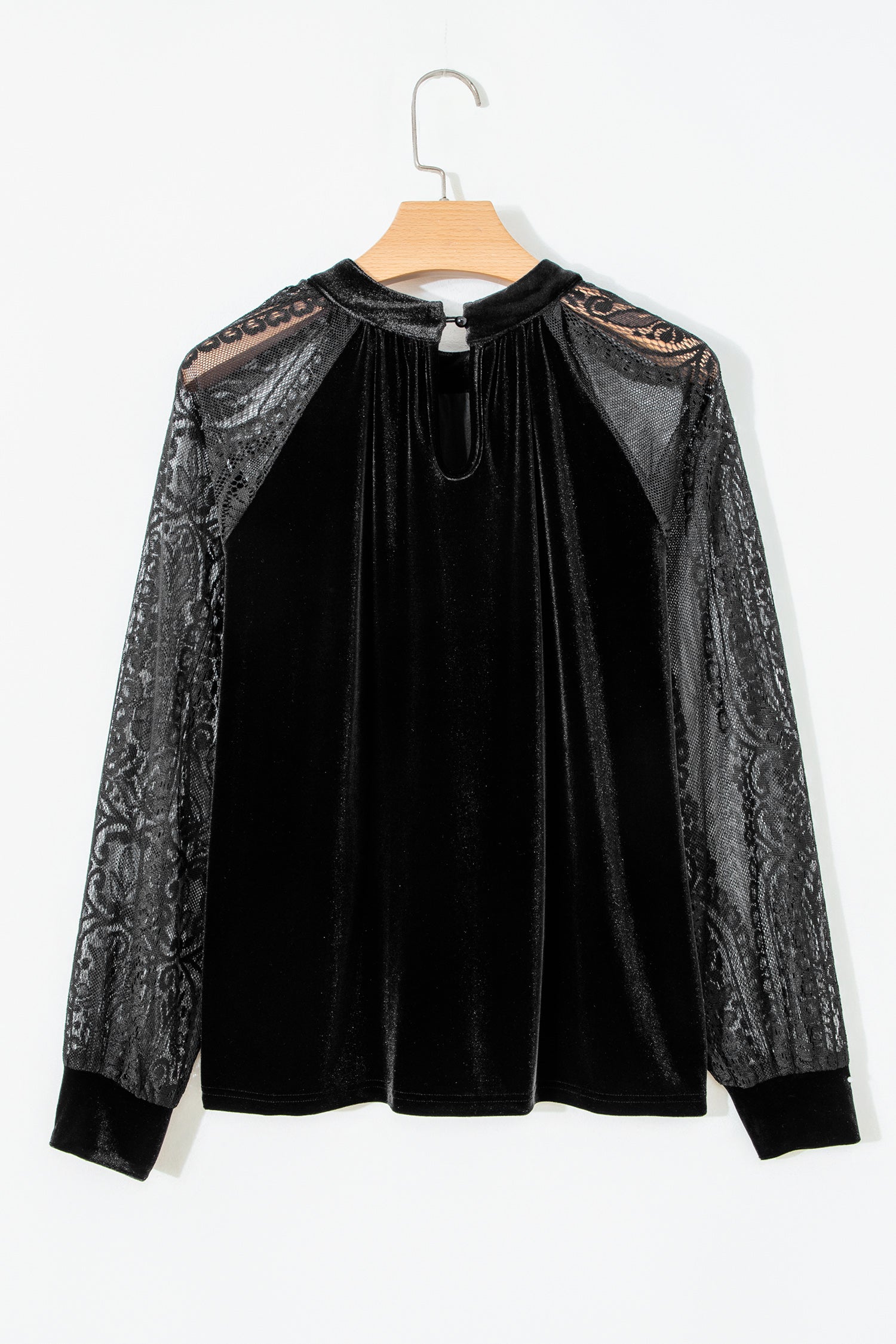 Solid Velvet Patchwork Sheer Lace Long Sleeve Blouse
