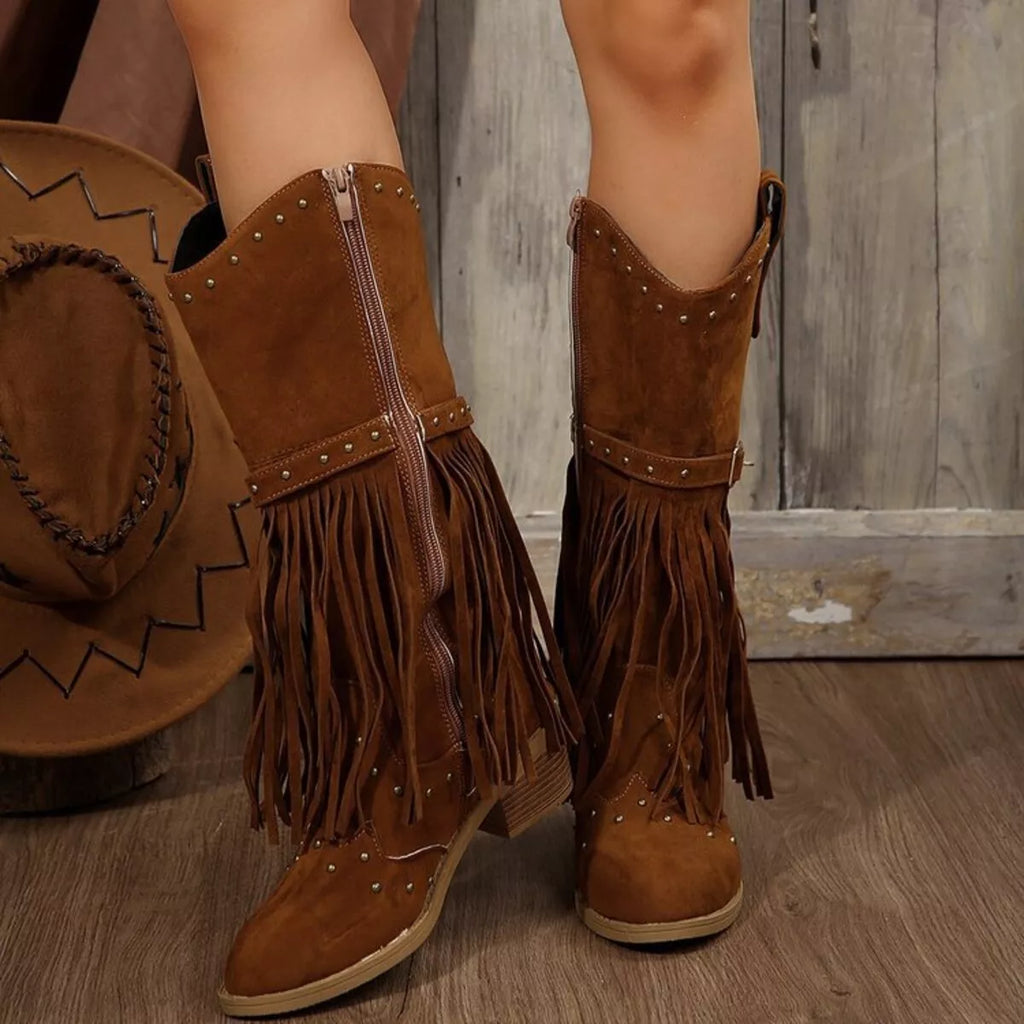 Fringe Point Toe Block Heels Boots