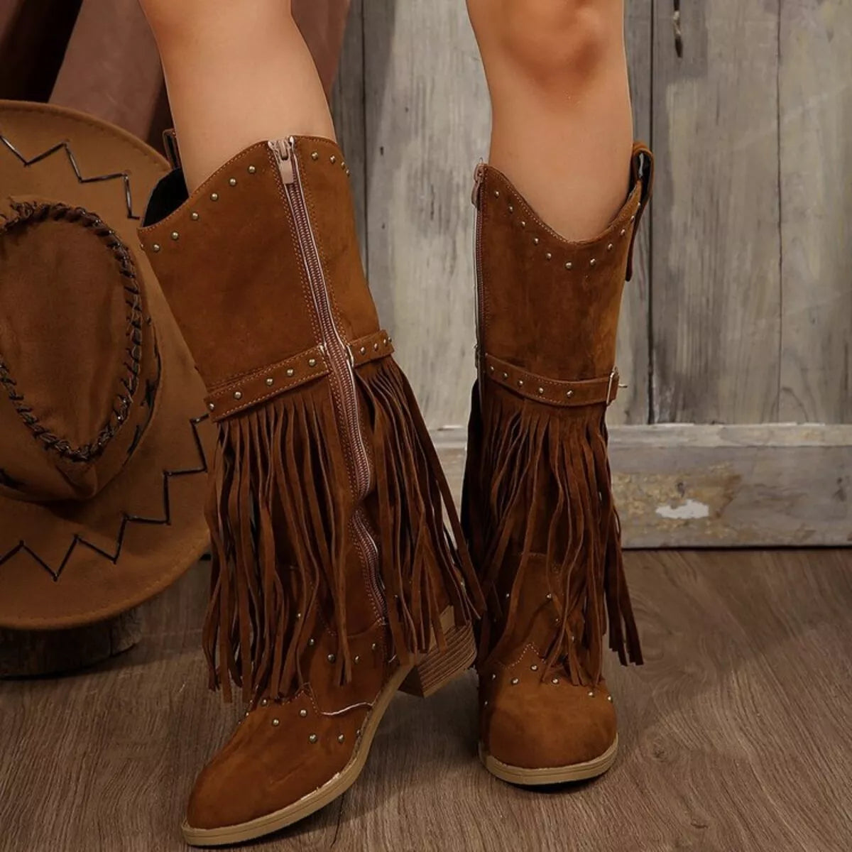 Fringe Point Toe Block Heels Boots