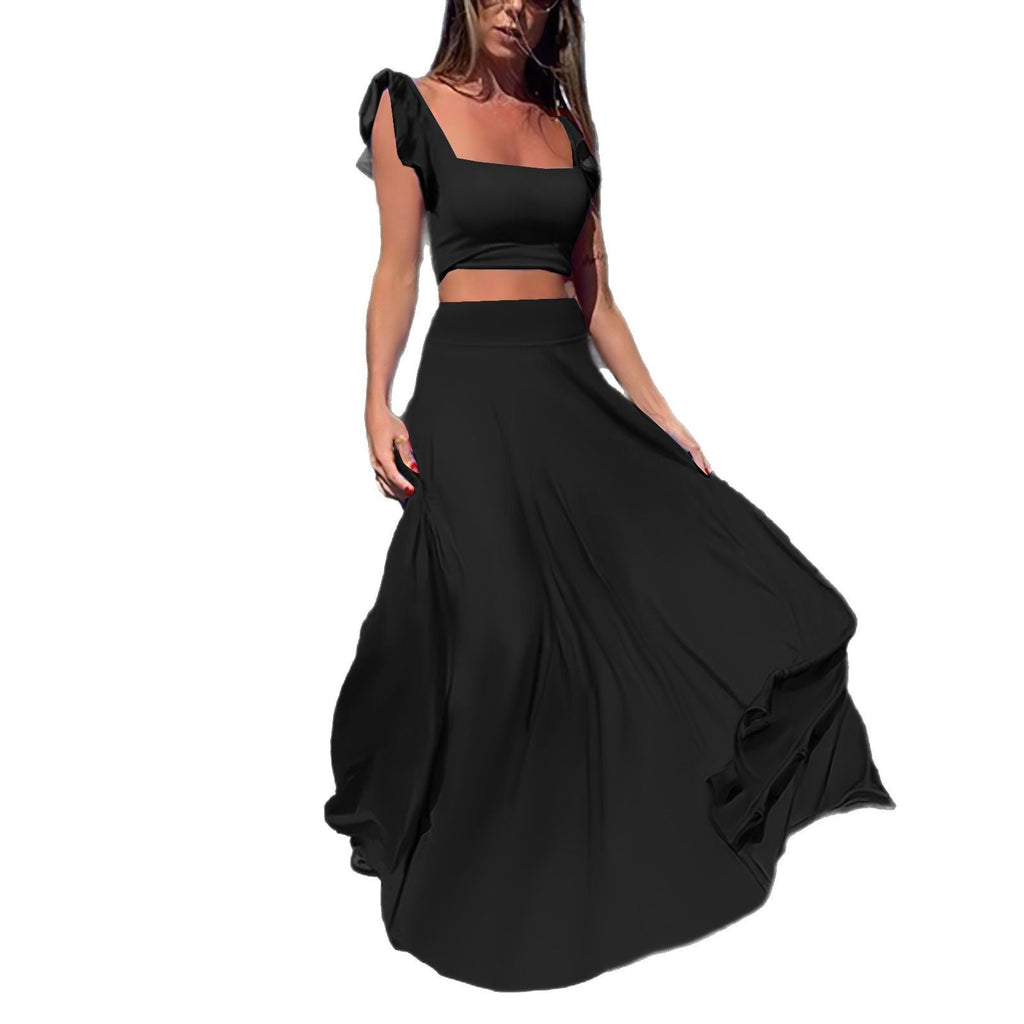 Solid color long skirt two-piece set