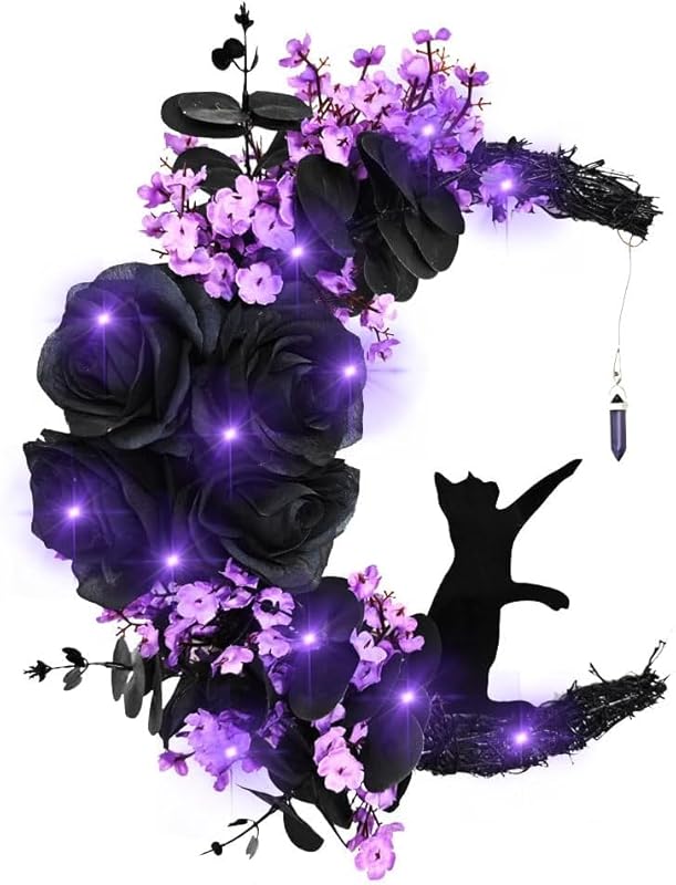 Halloween Wreaths for Front Door with Light, Black Cat Crescent Moon Wreath, Cute Cat Garland Halloween Door Decorations for Outdoor Indoor Decor Wall Window Home Party