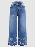 Chrysanthemum Embroidered Cropped Denim Jeans – Women's Loose Straight-Leg