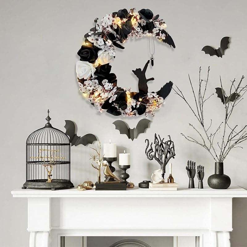 Halloween Wreaths for Front Door with Light, Black Cat Crescent Moon Wreath, Cute Cat Garland Halloween Door Decorations for Outdoor Indoor Decor Wall Window Home Party