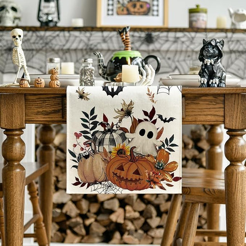 Artoid Mode Pumpkin Ghost Leaves Spider Web 210 GSM Halloween Table Runner, Spooky Kitchen Dining Table Decoration for Home Party Decor 13x108 Inch