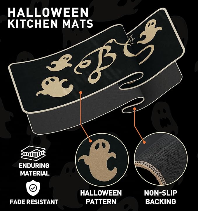 Halloween Kitchen Mat Set of 2, Spooky Spider Web Ghosts Boo Halloween Decor, Halloween Rug for Floor, Indoor Home Decor with Non-Slip Backing,17 x 29 Inch & 17 x 47 Inch