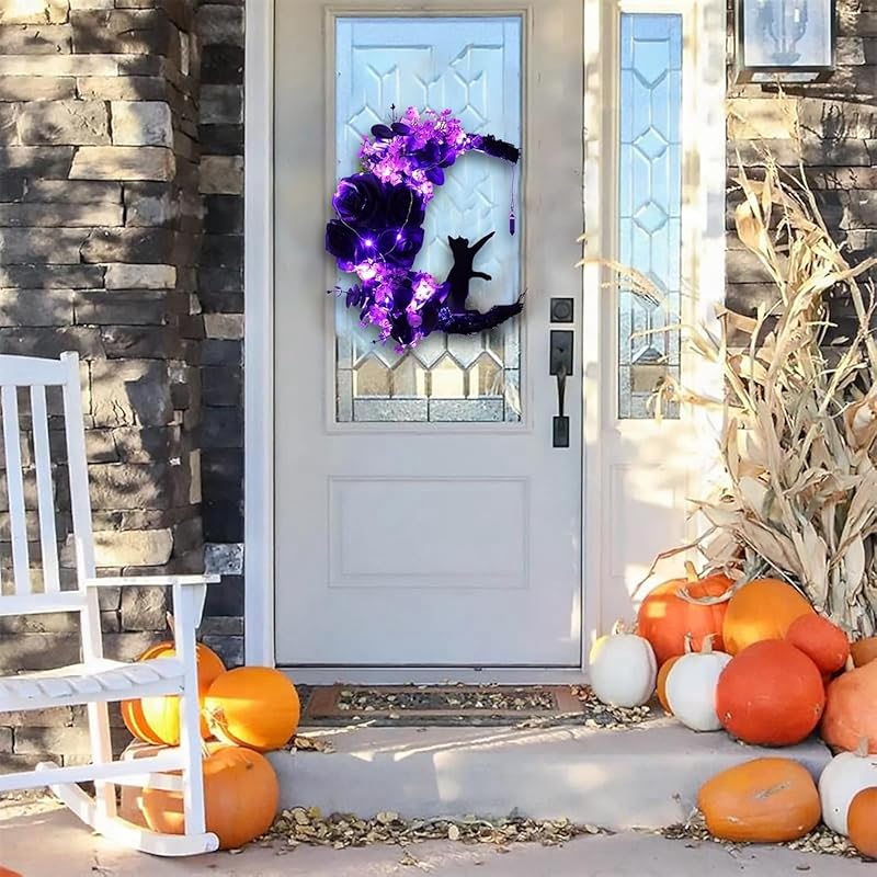 Halloween Wreaths for Front Door with Light, Black Cat Crescent Moon Wreath, Cute Cat Garland Halloween Door Decorations for Outdoor Indoor Decor Wall Window Home Party