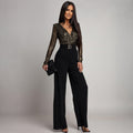 Deep V-sequined long sleeved loose jumpsuit women's clothing
