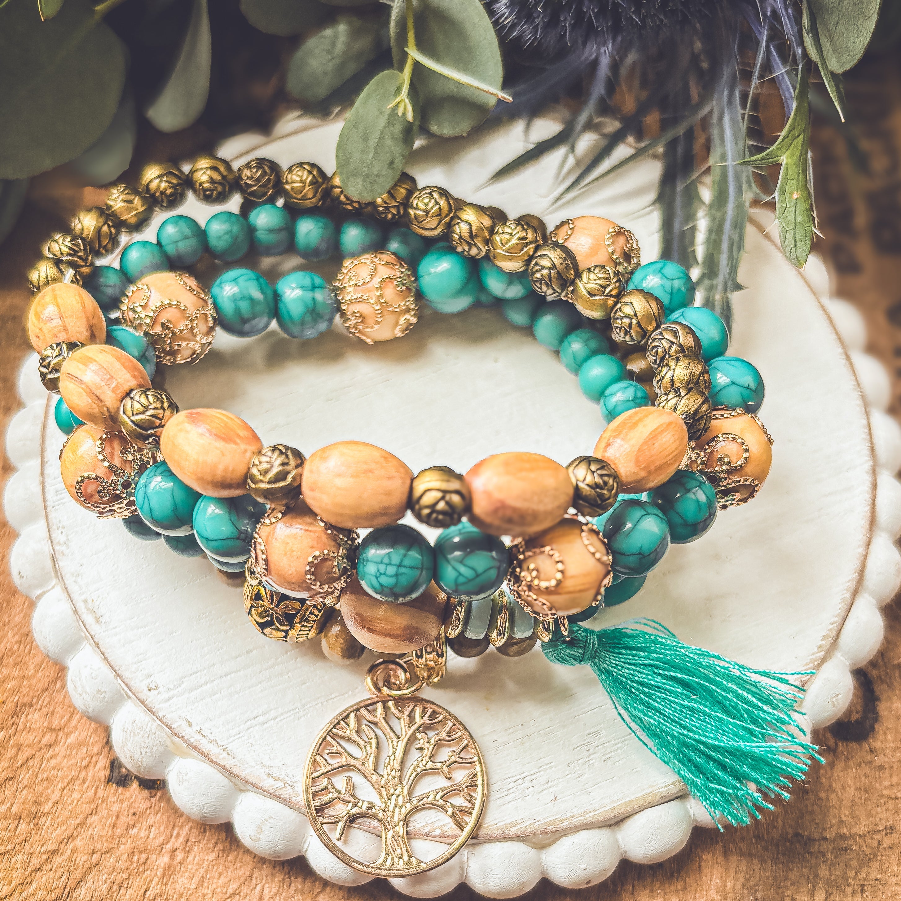 Beautiful Turquoise Tree of Life Bracelet Set