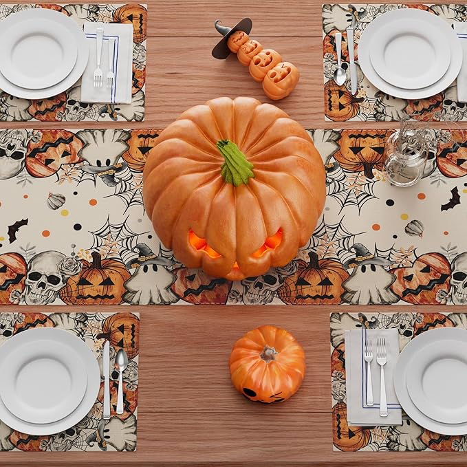XCHI Spooky Skeleton Ghost Pumpkin Halloween Table Runner Party Table Decoration for Home Kitchen Dining Holiday Decor 13x48 Inch
