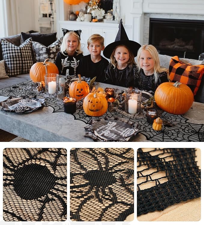 Halloween Table Runner,72 Inches Long Black Lace Spider Web Table Runners for Halloween Table Decoration/Party Dinner Table Decor,Kitchen,Mantel,Bedroom Decoration