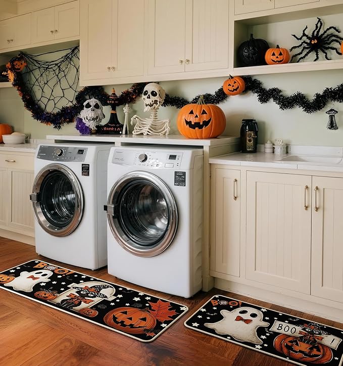 Halloween Kitchen Mat Set of 2, Pumpkin Ghosts Boo Cat Halloween Decor, Halloween Rug for Floor, Indoor Home Decor with Non-Slip Backing,17 x 29 Inch & 17 x 47 Inch