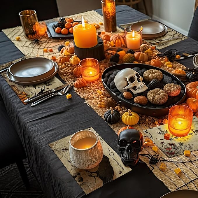 Umigy 6 Pcs Halloween Placemats 12"x18" Gothic Bat Placemats Kitchen Decoration Washable Witch Place Mats Rectangle Skull Table Mats for Halloween Dining Table Accessories(Poster Style)