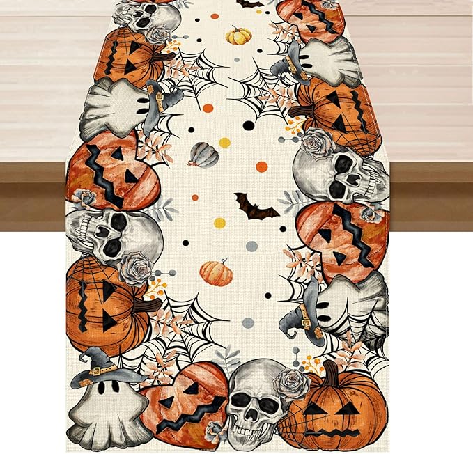 XCHI Spooky Skeleton Ghost Pumpkin Halloween Table Runner Party Table Decoration for Home Kitchen Dining Holiday Decor 13x48 Inch