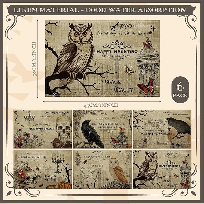 Umigy 6 Pcs Halloween Placemats 12"x18" Gothic Bat Placemats Kitchen Decoration Washable Witch Place Mats Rectangle Skull Table Mats for Halloween Dining Table Accessories(Poster Style)