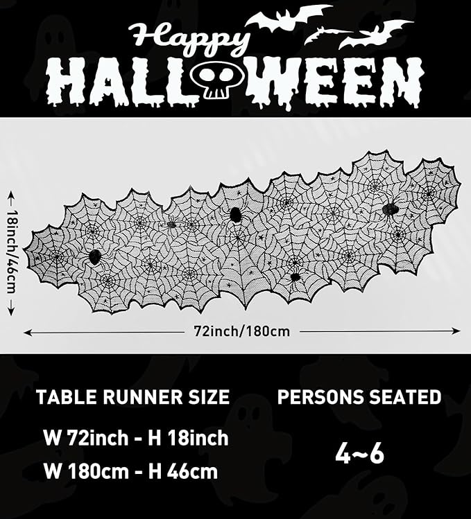Halloween Table Runner,72 Inches Long Black Lace Spider Web Table Runners for Halloween Table Decoration/Party Dinner Table Decor,Kitchen,Mantel,Bedroom Decoration