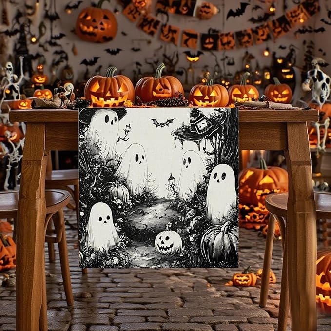 GPGHE Halloween Table Runner Black Ghost Holiday Burlap Table Decoration Indoor Outdoor Home Decor Party Supply 13 x 60 Inch