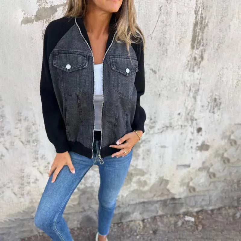 Women's Denim Patchwork Zip-Up Jacket