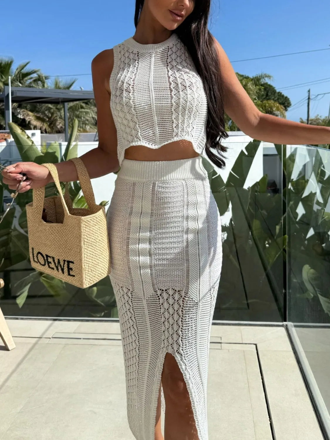Openwork Round Neck Top and Slit Skirt Sweater Set