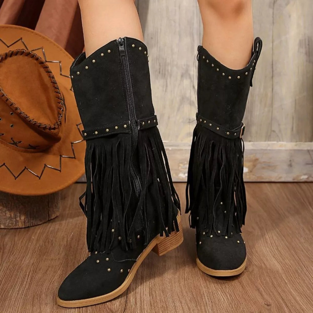 Fringe Point Toe Block Heels Boots