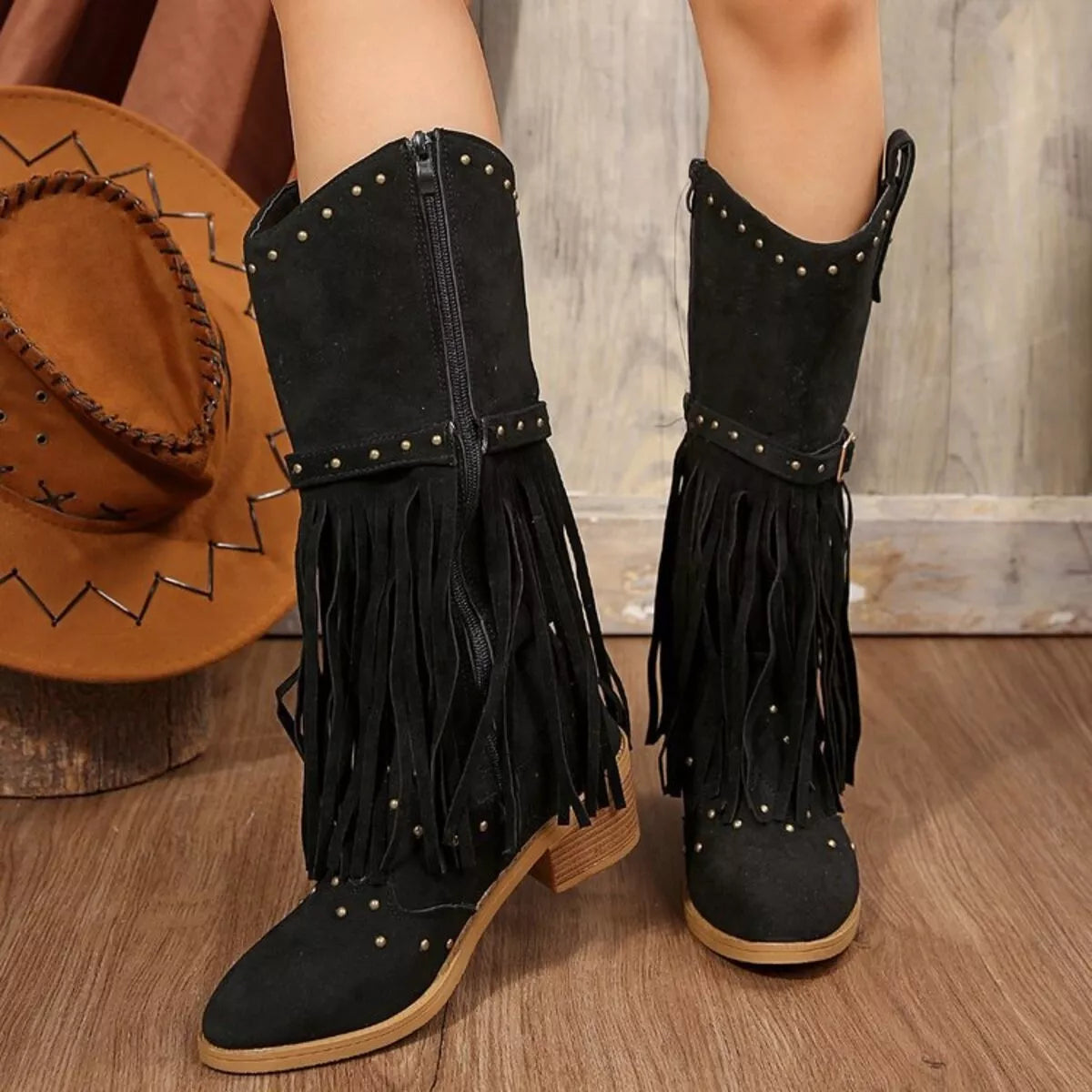 Fringe Point Toe Block Heels Boots