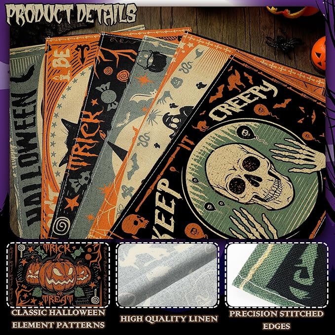 Umigy 6 Pcs Halloween Placemats 12"x18" Gothic Bat Placemats Kitchen Decoration Washable Witch Place Mats Rectangle Skull Table Mats for Halloween Dining Table Accessories(Scary)