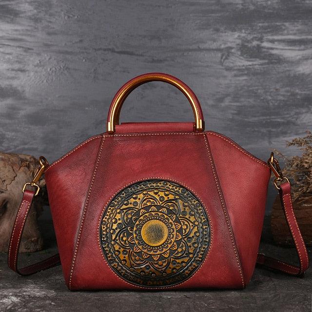 Mandala Embossed Leather Shoulder Bag