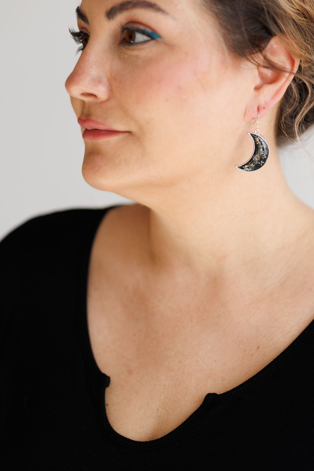 Midnight Moon Crescent Earrings with Pressed Flowers