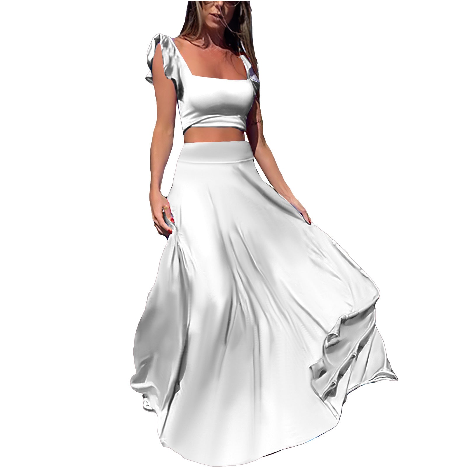 Solid color long skirt two-piece set