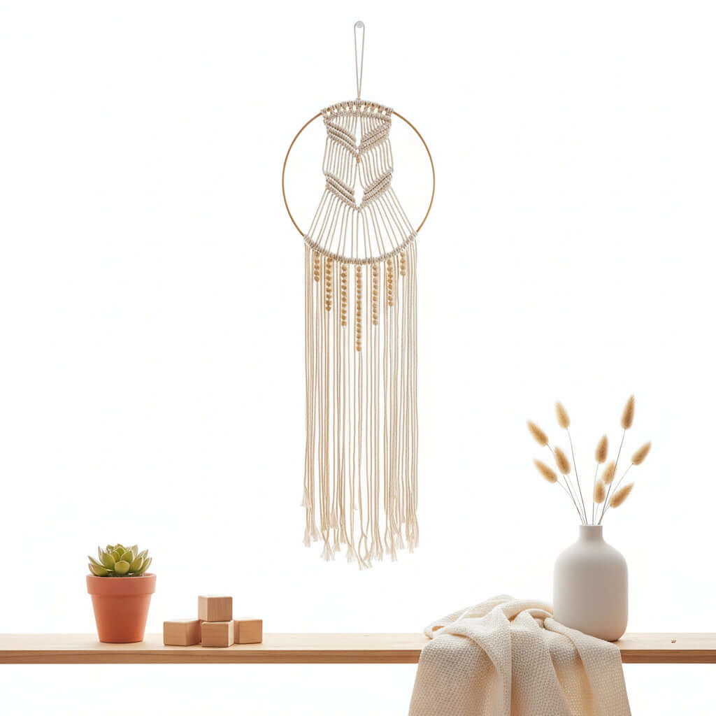 Boho Macrame Wall Shelf Hanging – Woven Cotton Decor with Bamboo Ring