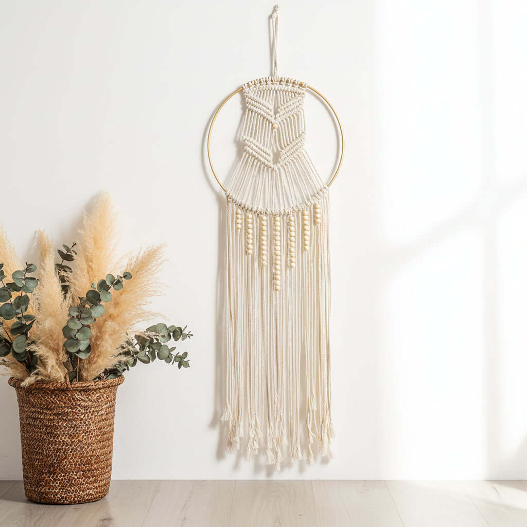 Boho Macrame Wall Shelf Hanging – Woven Cotton Decor with Bamboo Ring