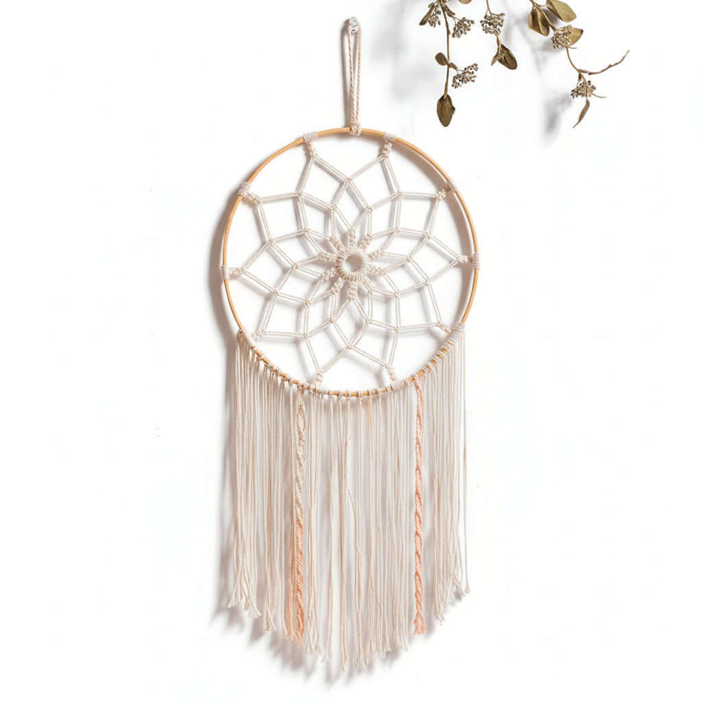 Boho Macrame Wall Shelf Hanging – Woven Cotton Decor with Bamboo Ring