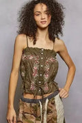 Button Down Floral Embroidered Cropped Cami with Lace Detail