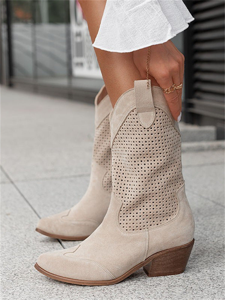 Mid heeled burnt suede low cut women's boots