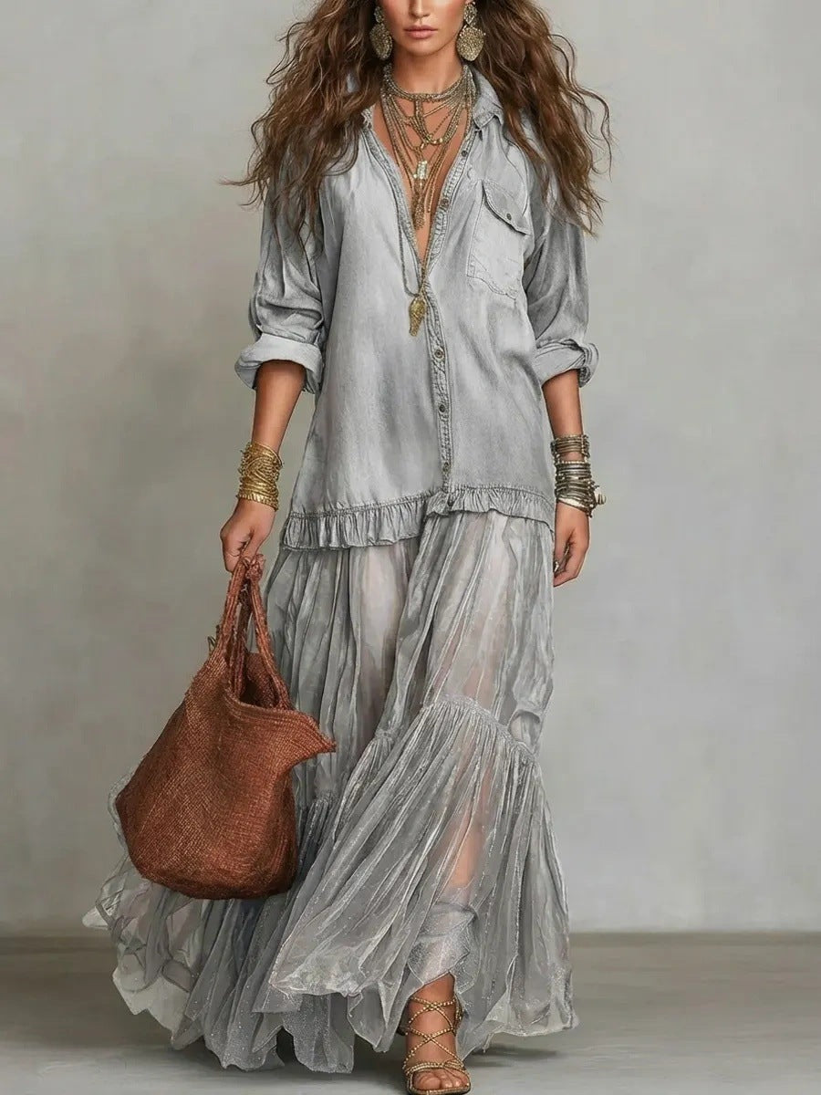 Women's Vintage Denim-Look Long Sleeve A-Line Maxi Dress – 6 Colors S–3XL