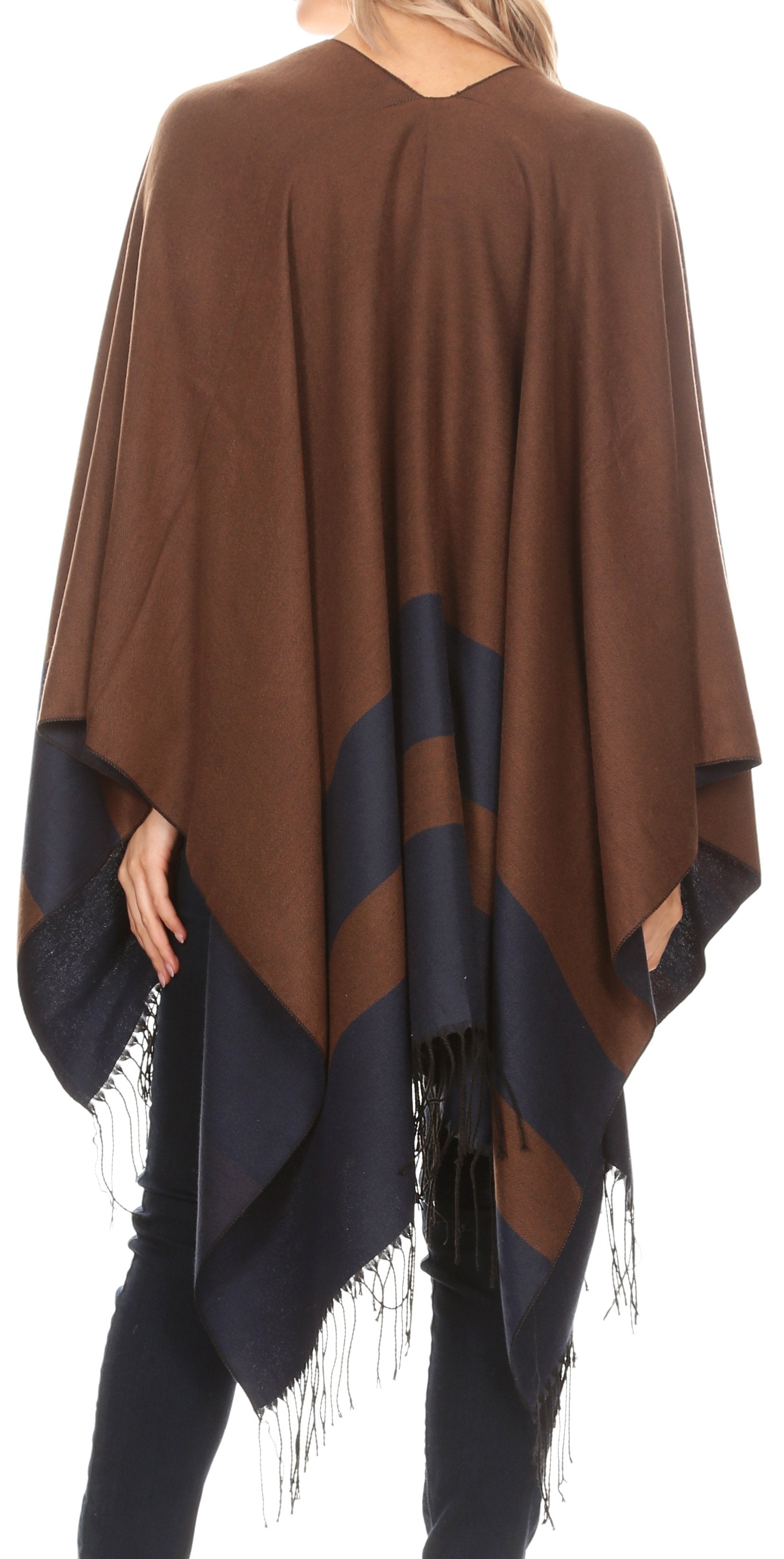 Sakkas Avi Women's Reversible Open Front Poncho Cardigan Ruana Cape Shawl W/Fringe